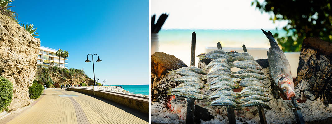 Torremolinos´ strandpromenade og grillede fisk på Playa de La Carihuela i Andalusien